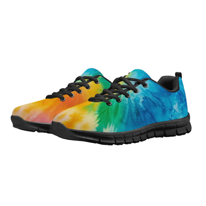 The Tie-Dyed Sneaker features a trendy, vibrant multicolored tie-dye pattern on the upper, showcasing shades of orange, yellow, green, blue, and turquoise. The design is complemented by black laces and black soles that provide a striking contrast to the bright colors.