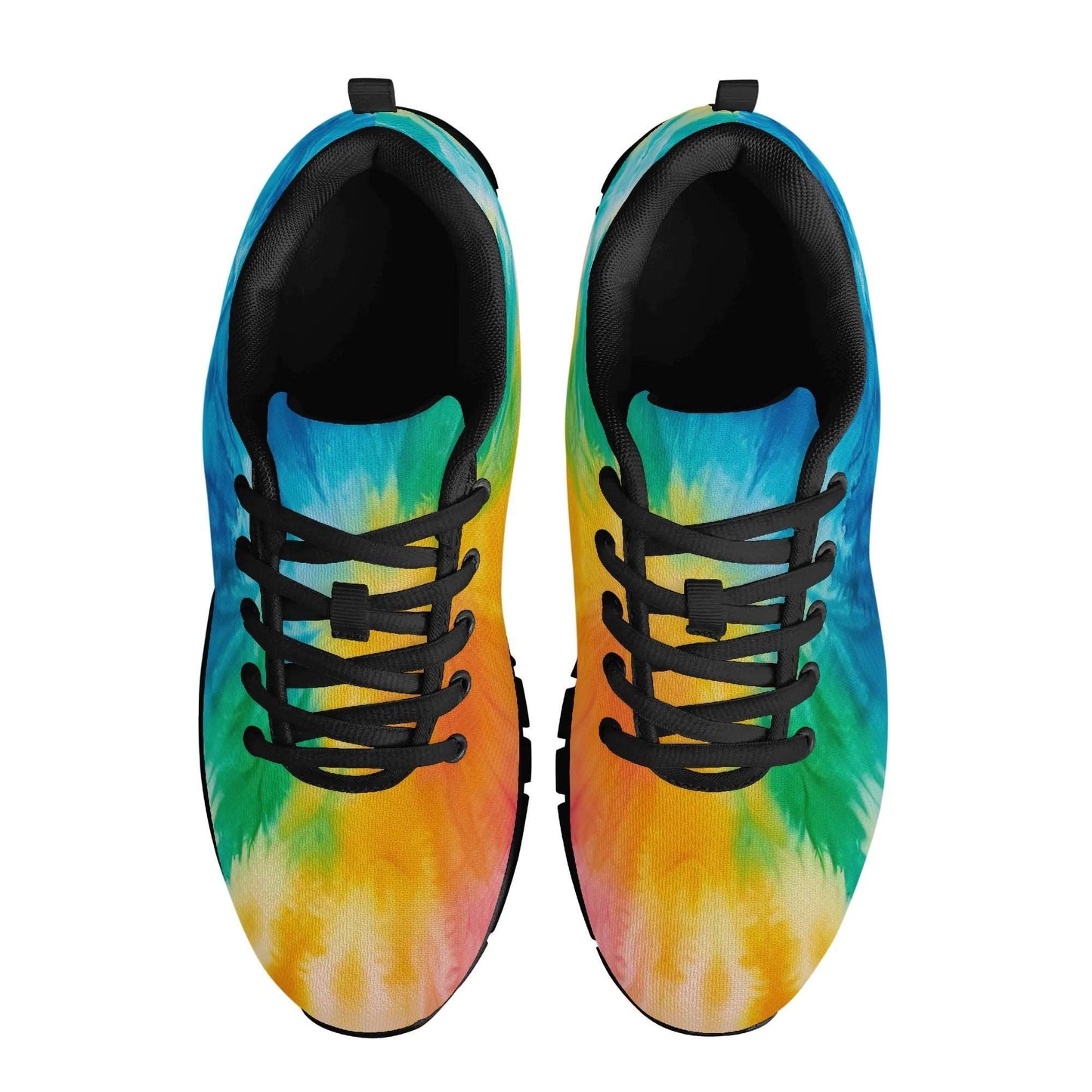 The Tie-Dyed Sneaker is a pair of trendy sneakers showcasing a distinctive tie-dye design in vibrant shades of blue, green, yellow, and orange. They feature black laces and a black interior lining, making the overall design both colorful and eye-catching.