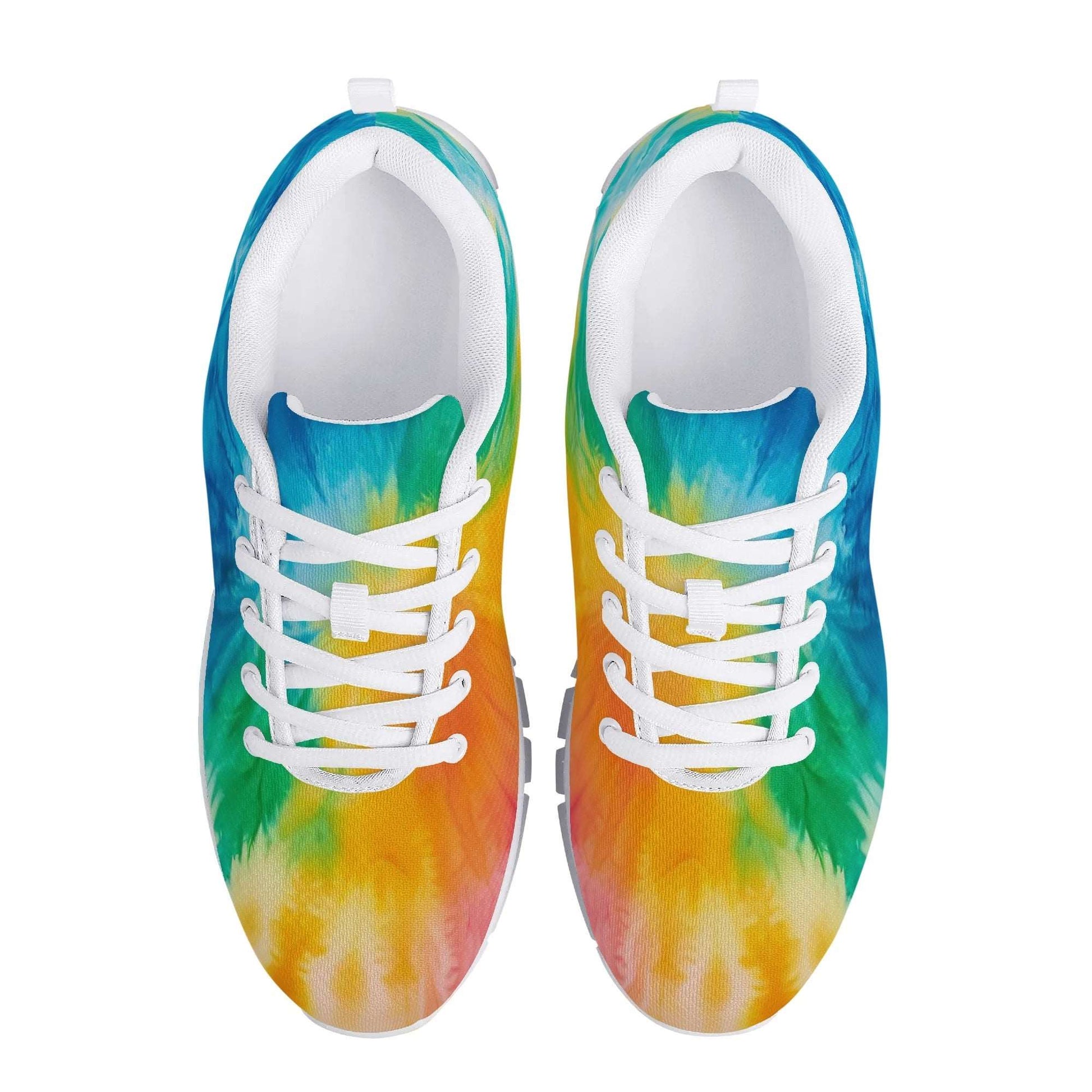 A pair of Tie-Dyed Sneakers with a vibrant, unique tie-dye design in shades of blue, green, yellow, and orange. The trendy sneakers are laced with white shoelaces and have a white inner lining. The view is from the top, showcasing the colorful design.