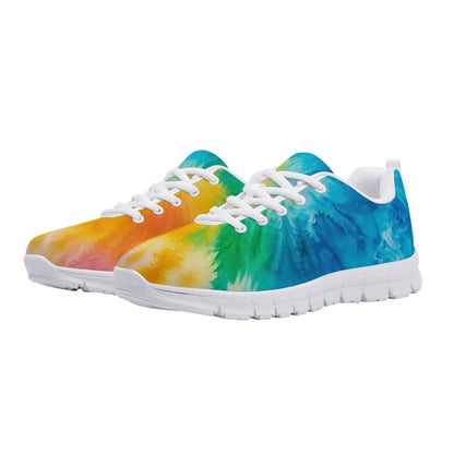 A pair of trendy sneakers with a white sole and white laces. The Tie-Dyed Sneaker features a unique tie-dye design in vibrant shades of blue, green, yellow, and orange. The colorful pattern gives a lively and energetic feel, making them perfect for casual wear or sports activities.