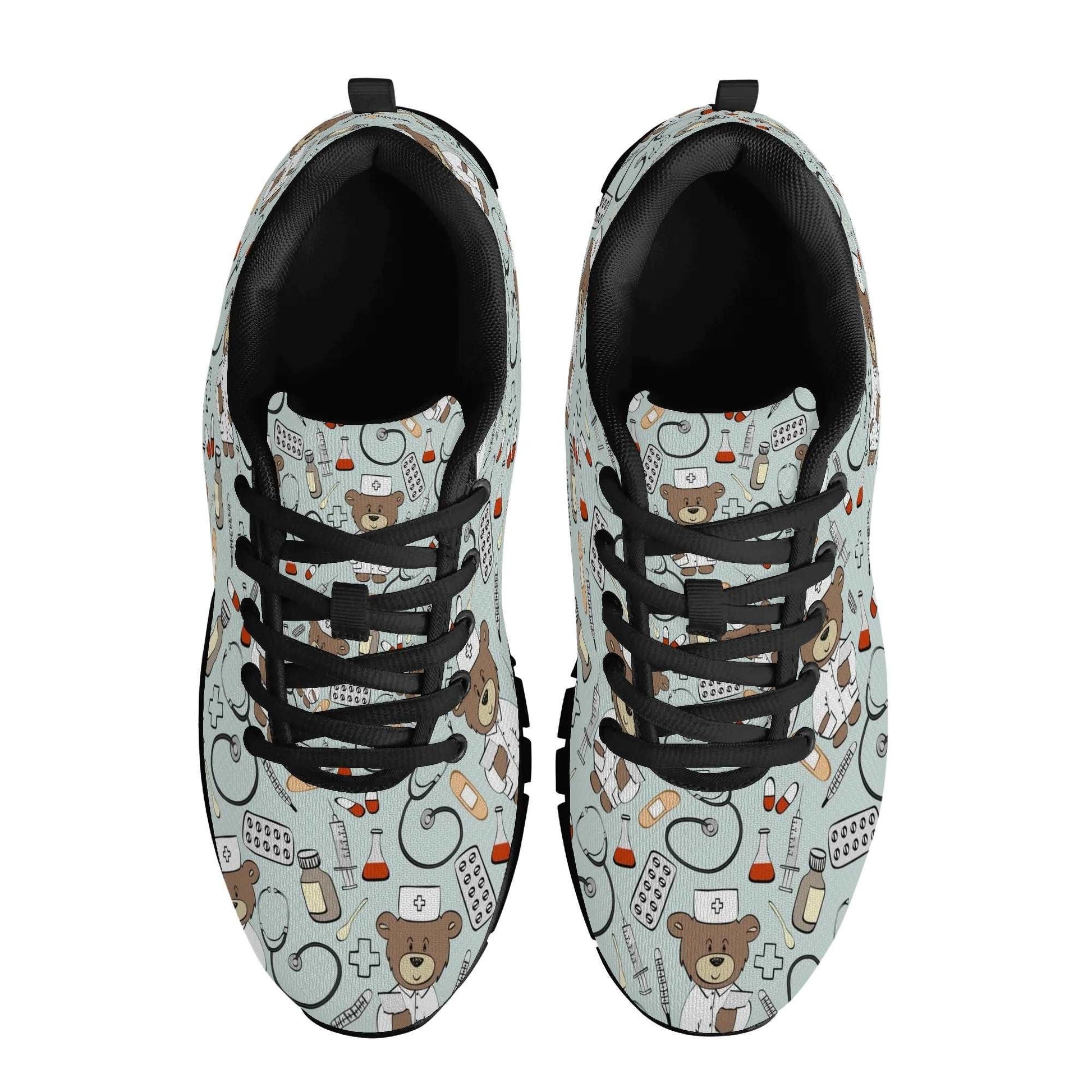 Introducing the Care Bear Sneakers: playful nursing shoes featuring a delightful medical-themed design. These light blue sneakers are adorned with charming illustrations of teddy bears in doctor attire, syringes, pill packs, and test tubes. Equipped with black laces and interior lining, they're as comfortable as they are fun.