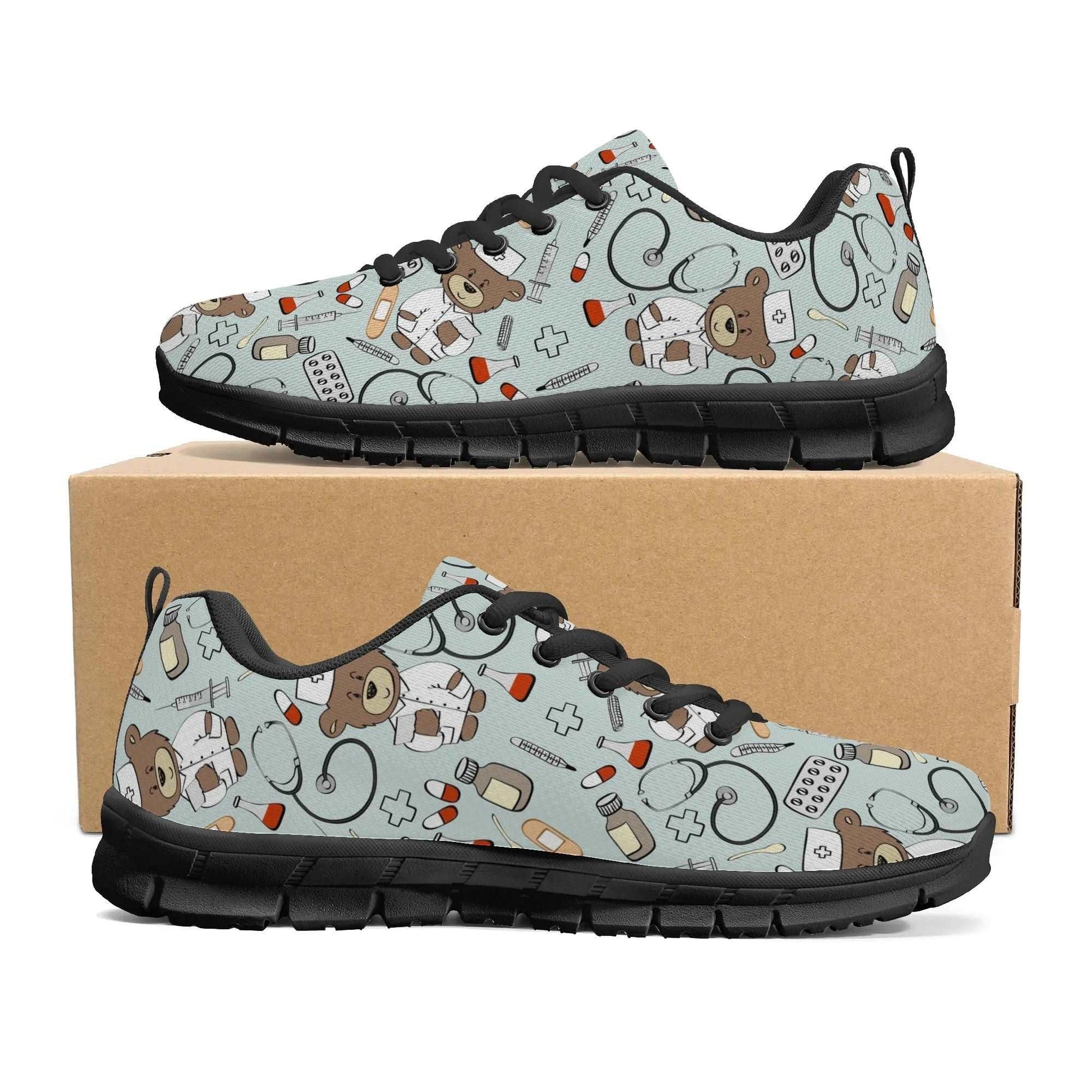 Introducing the Care Bear Sneakers—a pair of light blue athletic shoes with black soles and laces, adorned with a playful medical-themed pattern. The design features cartoonish doctors, medical instruments, pills, and first aid kits, making them perfect as comfortable nursing shoes. These sneakers come displayed atop a plain brown shoe box.