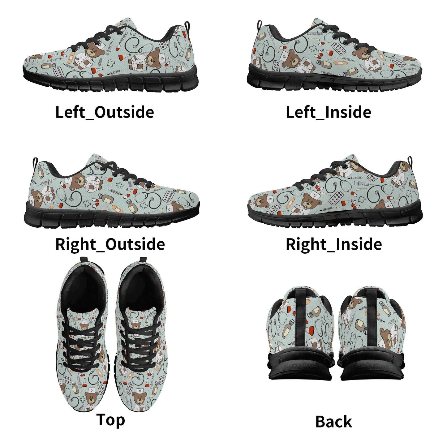 Image showcasing Care Bear Sneakers from multiple angles: Left_Outside, Left_Inside, Right_Outside, Right_Inside, Top, and Back. These comfortable nursing shoes stand out with a light blue background adorned with playful bear and heart designs. The soles and laces are black, making them an ideal complement to medical uniforms.