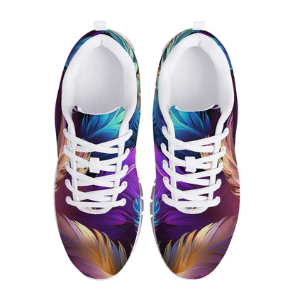 The Dreamy Feather Women's Sneakers feature a vibrant, colorful feather pattern in shades of purple, blue, green, and yellow. Designed with cushioned insoles and white interiors, these shoes provide all-day comfort, making them perfect for nurses on the go.