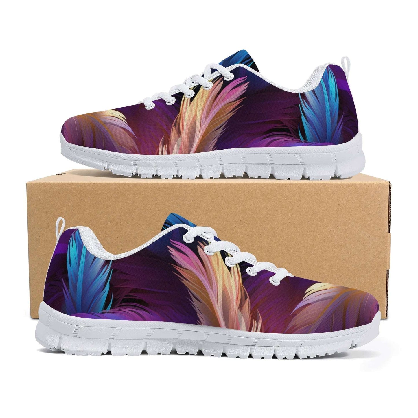 The Dreamy Feather Women's Sneakers, showcasing a vivid feather pattern in shades of purple, blue, pink, and yellow with white soles and laces, are displayed atop a brown cardboard shoe box. These made-to-order shoes promise all-day comfort for those on the go.