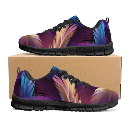 The Dreamy Feather Womens Sneakers, featuring a striking feather design in shades of purple, blue, and beige against a black lace-up base, are showcased on a brown cardboard box. Ideal for casual wear, these shoes have a dark sole and provide all-day comfort—perfect for nurses who spend long hours on their feet.