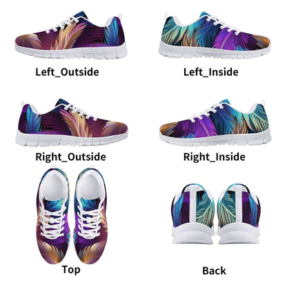 A set of six images showcasing various angles of the uniquely designed Dreamy Feather Women's Sneakers. These made-to-order shoes feature vibrant abstract feather patterns in shades of purple, blue, and gold. The displayed angles include Left_Outside, Left_Inside, Right_Outside, Right_Inside, Top, and Back.