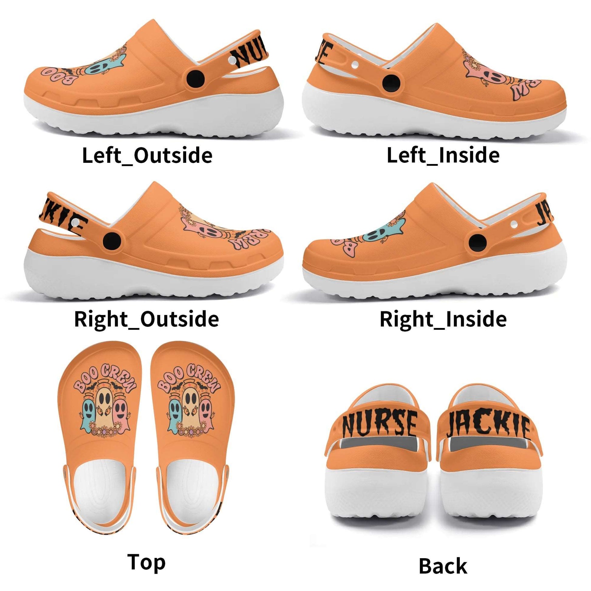 The image displays multiple views of the Comfortable Personalized Halloween Nurse Clogs in orange with white soles. These clogs, adorned with cartoon characters and the text "Boo Crew," feature a back strap labeled "NURSE JACKIE." The views included are: Left_Outside, Left_Inside, Right_Outside, Right_Inside, Top, and Back.