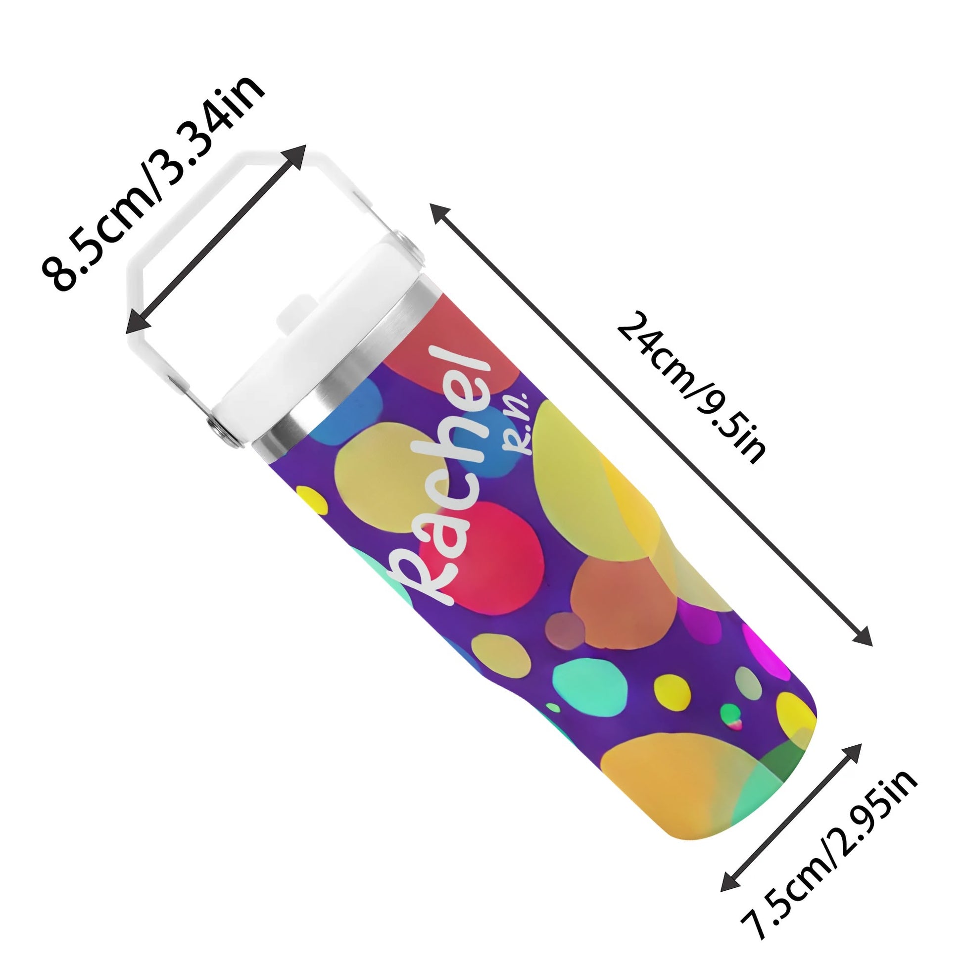 Introducing the 30oz Nurse Tumbler with Stylish Circle Design, a personalized water bottle adorned with colorful polka dot patterns and the name "Rachel" in white cursive text. This stainless steel tumbler features dimensions of height 24 cm (9.5 in), a top diameter of 8.5 cm (3.34 in), and a bottom diameter of 7.5 cm (2.95 in) – perfect for busy nurses on the go!