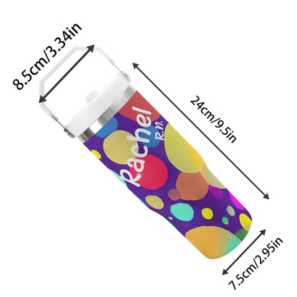 Introducing the 30oz Nurse Tumbler with Stylish Circle Design, a personalized water bottle adorned with colorful polka dot patterns and the name "Rachel" in white cursive text. This stainless steel tumbler features dimensions of height 24 cm (9.5 in), a top diameter of 8.5 cm (3.34 in), and a bottom diameter of 7.5 cm (2.95 in) – perfect for busy nurses on the go!