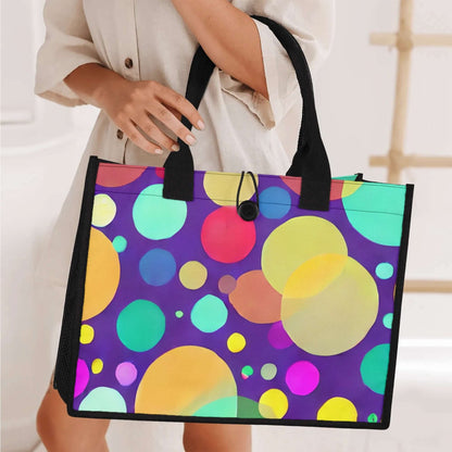 A person is holding a Nurse Essentials Carry Bag: Reinforced Handles & Button Closure for Secure Storage. The colorful bag features a vibrant, multicolored polka dot pattern in varying sizes on a purple background with sturdy black reinforced handles. Dressed in a light-colored outfit, the individual stands indoors showcasing the bag's spacious design.