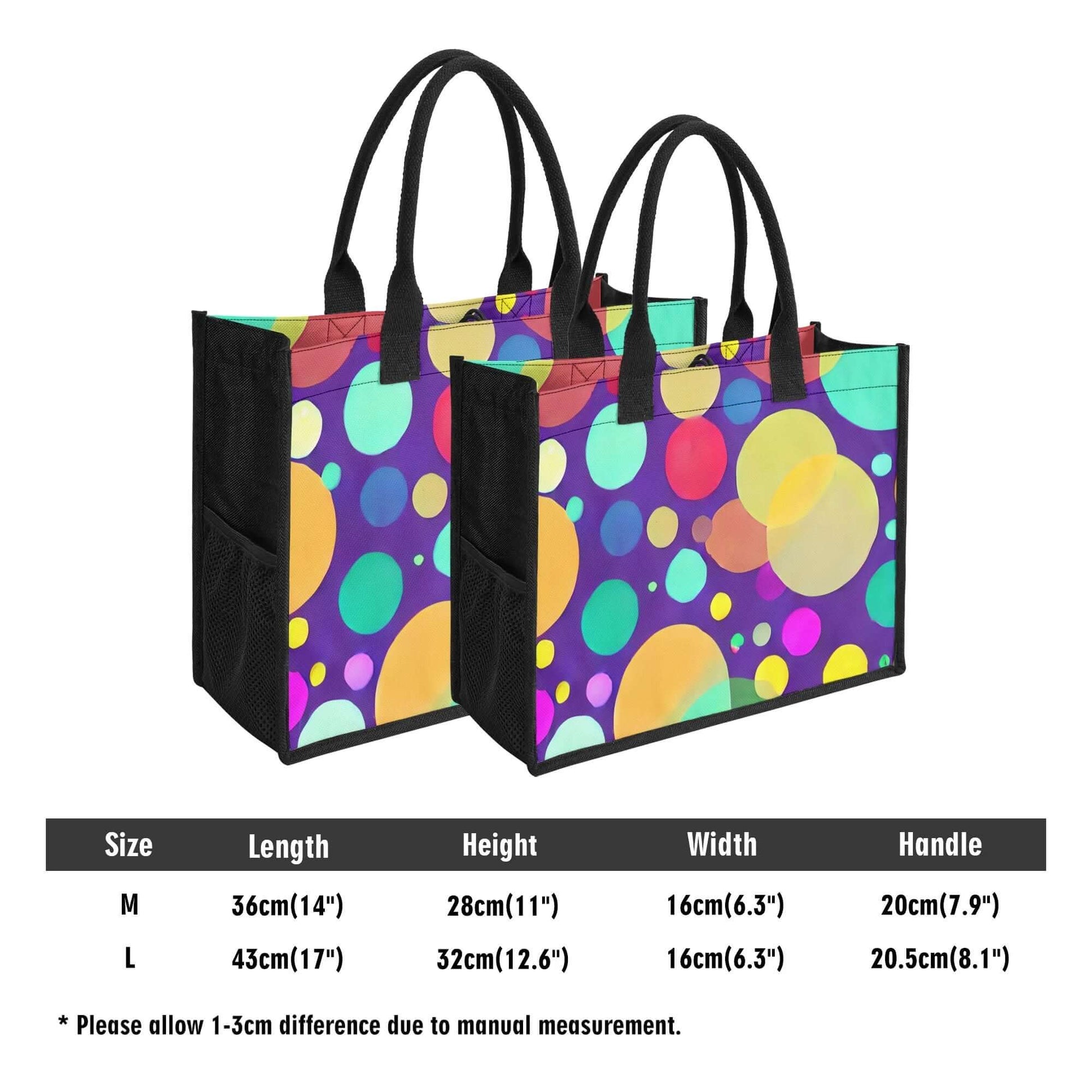 Two colorful "Nurse Essentials Carry Bags," featuring black side pockets, reinforced handles, and a vibrant pattern of multicolored polka dots. The spacious design is available in two sizes: M (36x28x16 cm) and L (43x32x16 cm), with measurements allowing for a 1-3 cm variation due to manual measurement.