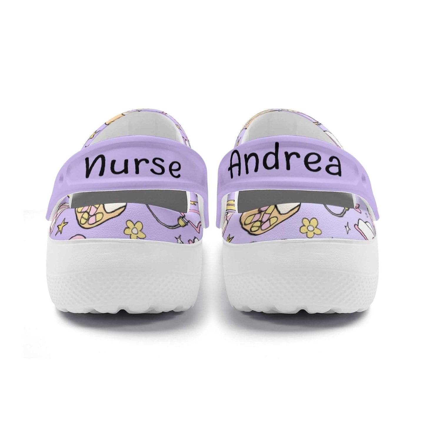 Personalized purple nurse clogs with names 'Nurse' and 'Andrea' on the back, perfect for comfort and style.