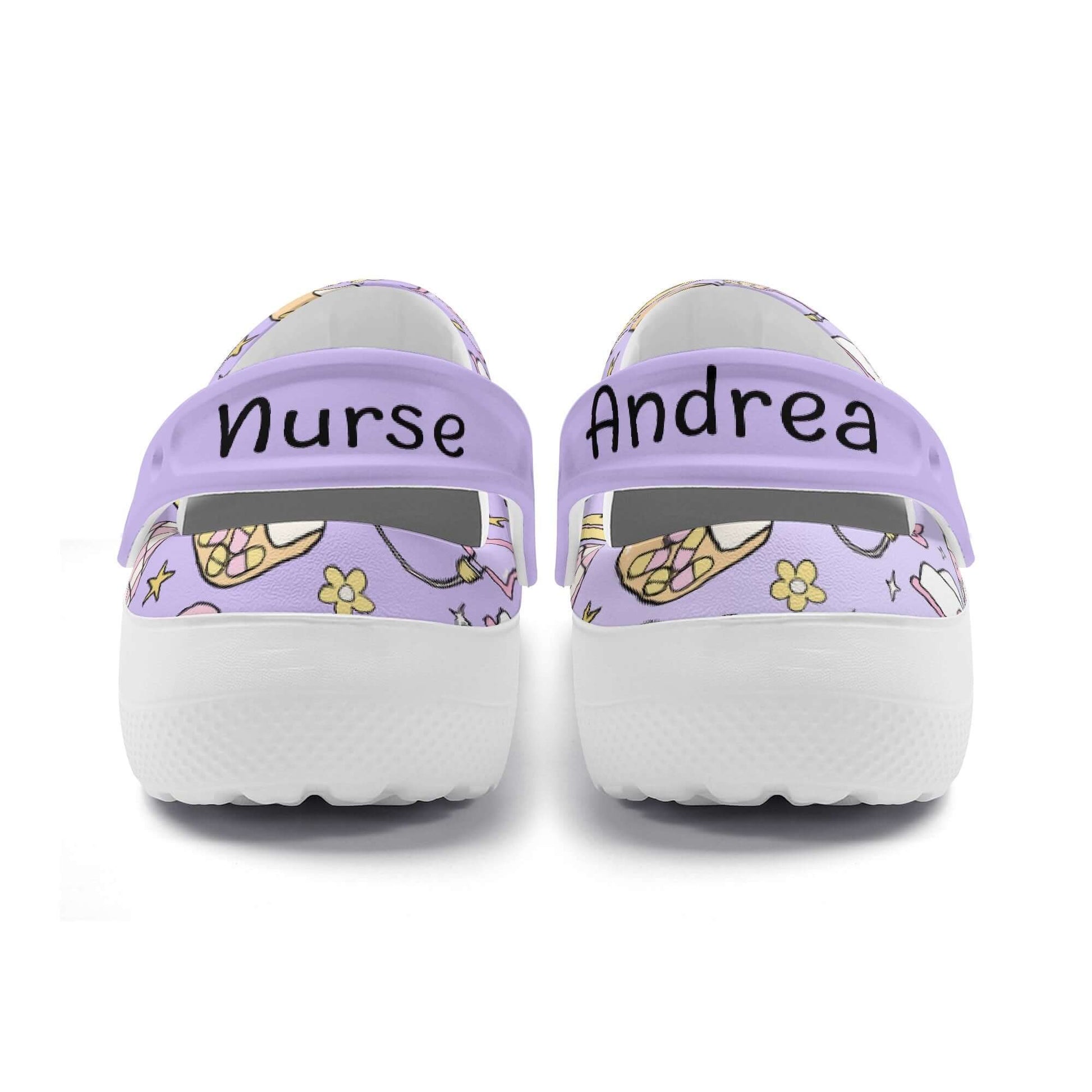 Personalized purple nurse clogs with names 'Nurse' and 'Andrea' on the back, perfect for comfort and style.