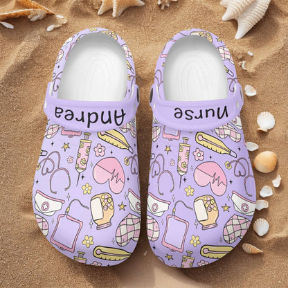 Womens Personalized Nurses Clogs in purple with medical-themed design, perfect for comfort at work and casual wear.