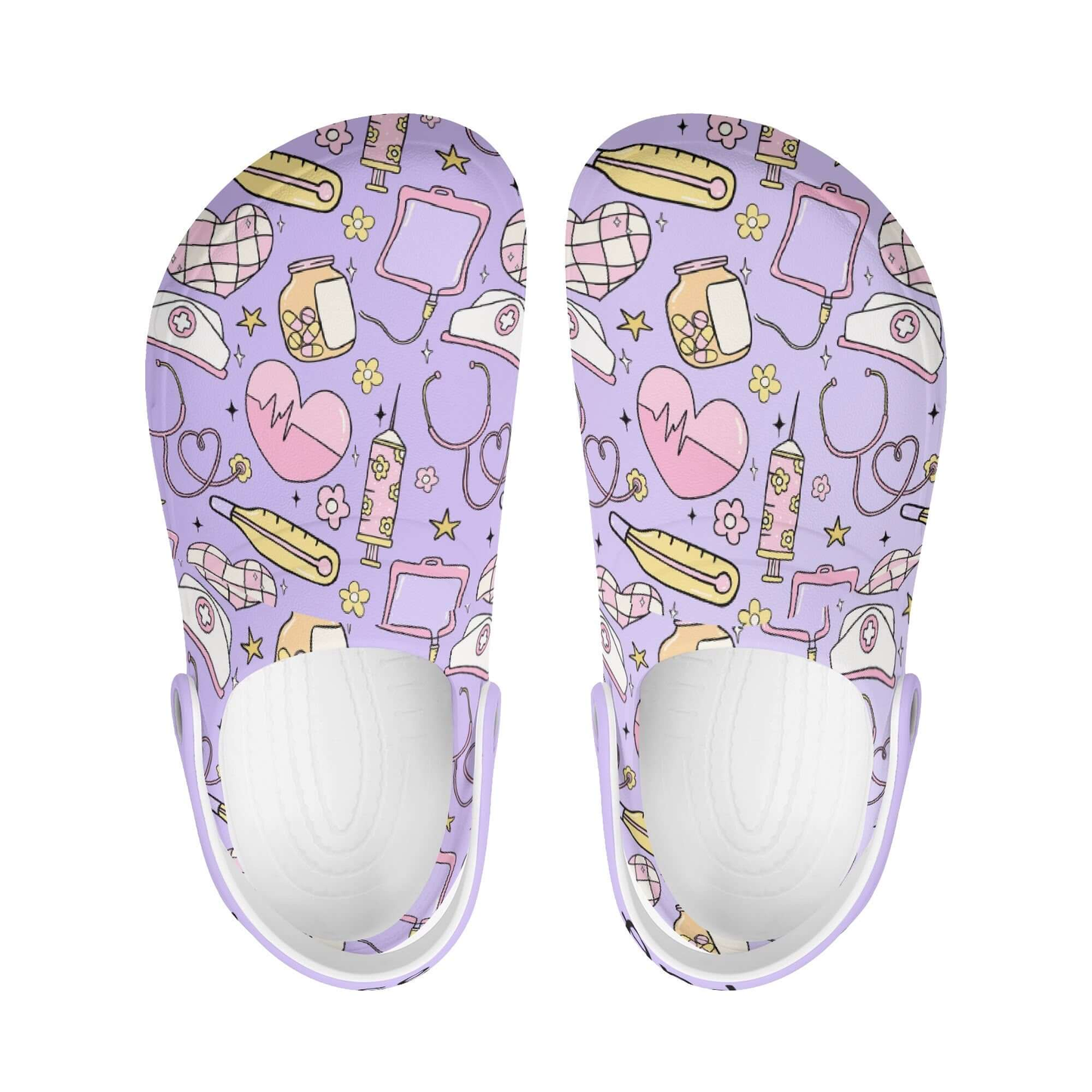 Womens personalized nurses clogs with colorful medical-themed design for comfort and style.