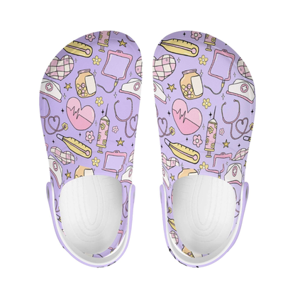 Womens personalized nurses clogs with colorful medical-themed design for comfort and style.