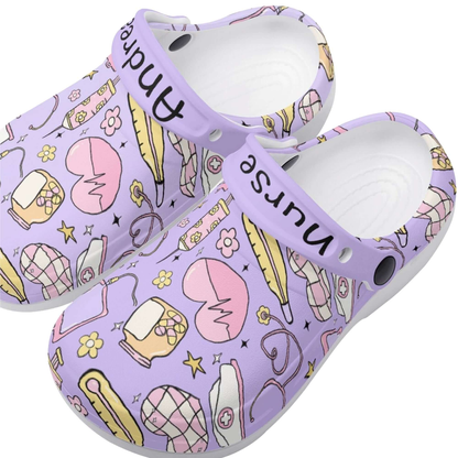 Stylish women's personalized nurses clogs with fun medical-themed patterns, ideal for comfort during long shifts.