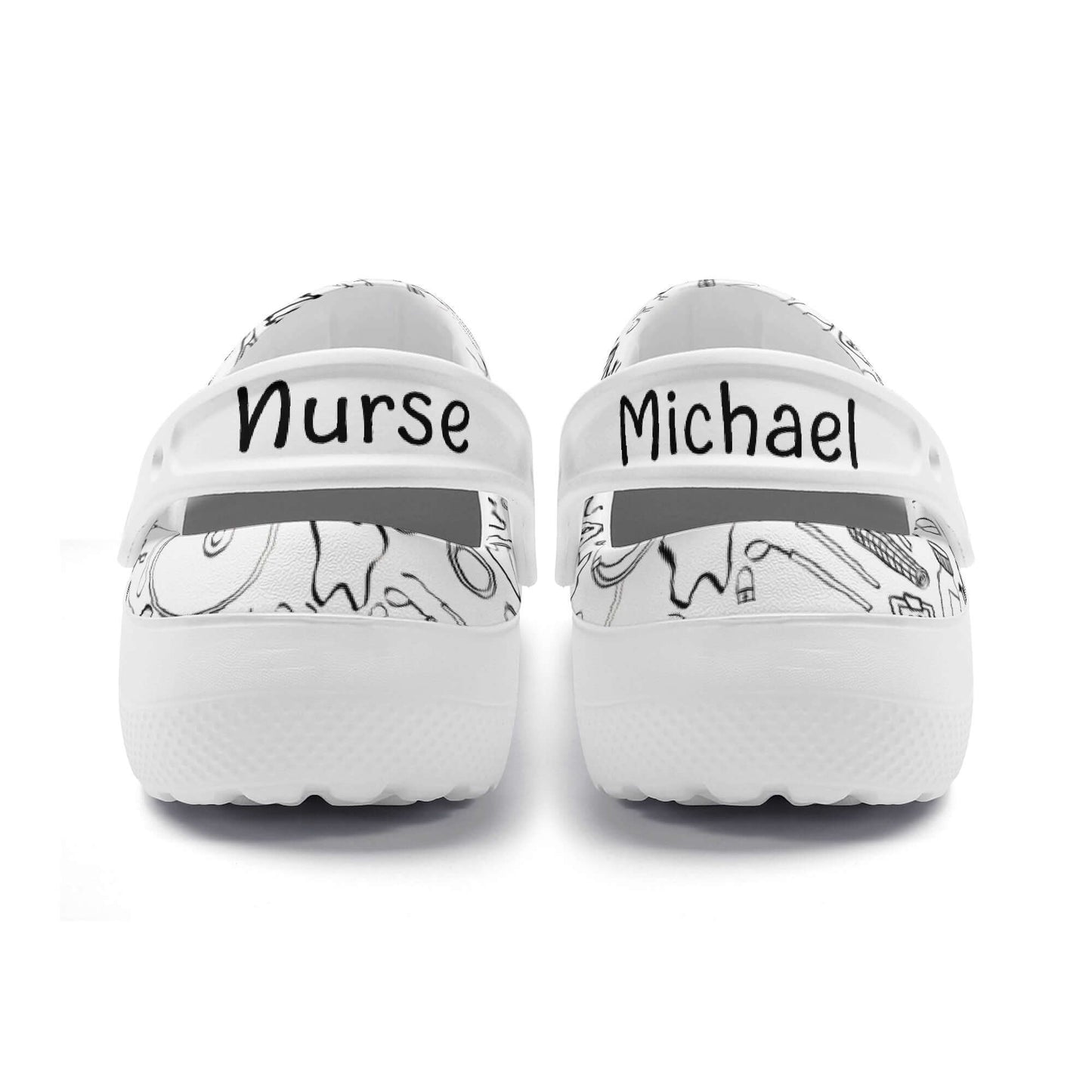 Personalized men's nurse clogs with 'Nurse' and 'Michael' printed on the back, featuring a comfortable design.