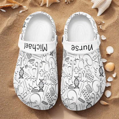 Mens personalized nurses clogs with medical-themed design, perfect for comfort at work and stylish casual wear.