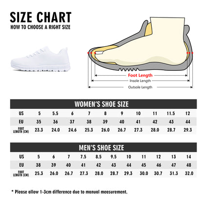 Size chart for Paisley Mens & Womens Sneaker displaying US, EU, and foot length in centimeters sizes. An image of a white shoe labeled with foot length, insole length, and outsole length is shown at the top. Note: "Allow 1-3 cm difference due to manual measurement." Enjoy superior support with every step.