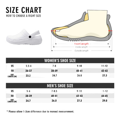 A comprehensive size chart for the Comfortable Personalized Halloween Nurse Clogs, tailored for women's and men's shoes, including foot length in centimeters and US and EU sizes. The chart provides detailed instructions on measuring foot length, insole length, and outsole length. Additionally, an image of the clog features an arrow to clearly indicate where each measurement should be taken.