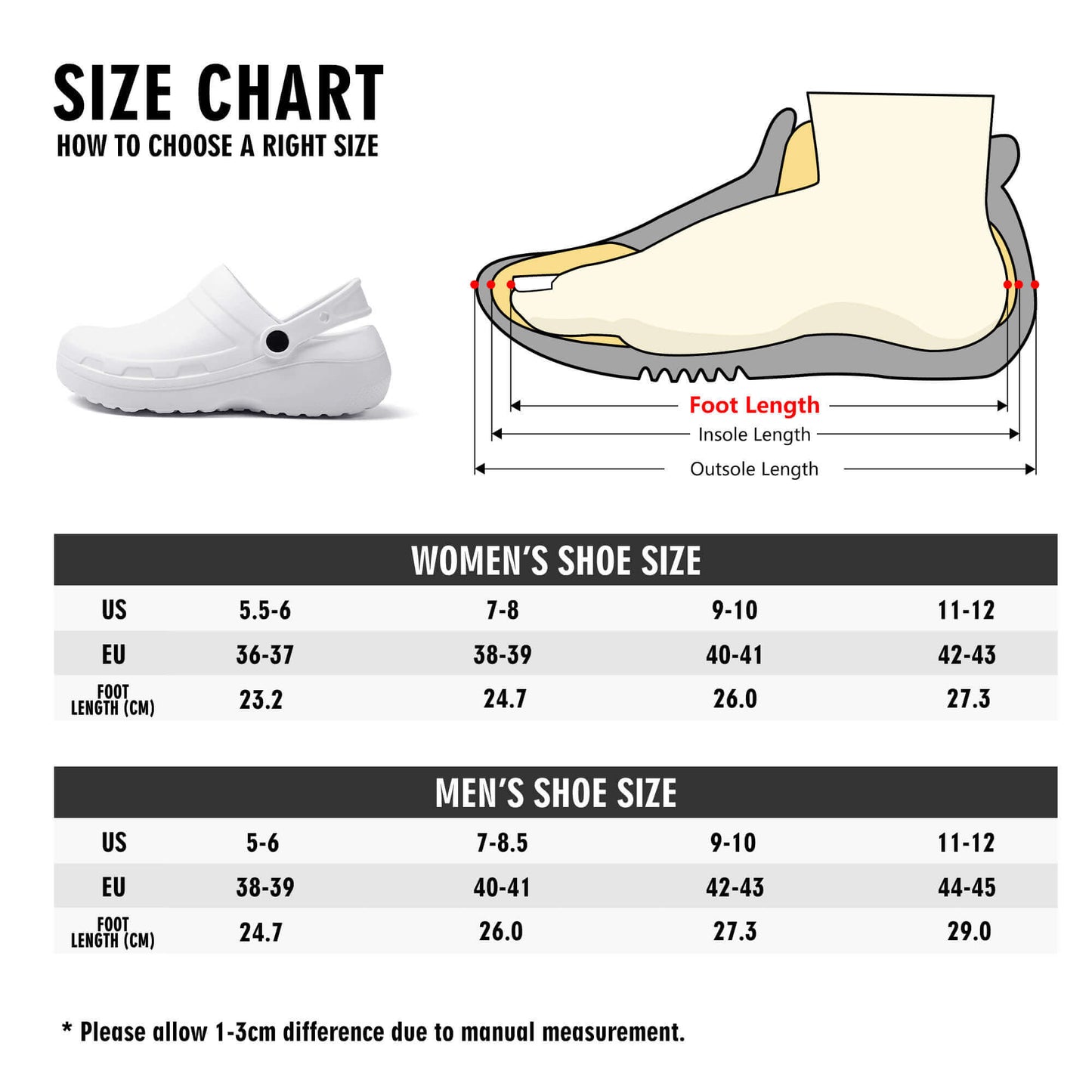 Men's nurse's clogs size chart with dimensions for proper fit and comfort during long shifts.