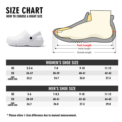 Size chart for women's and men's personalized nurse clogs, showing US and EU sizes and foot length measurements.