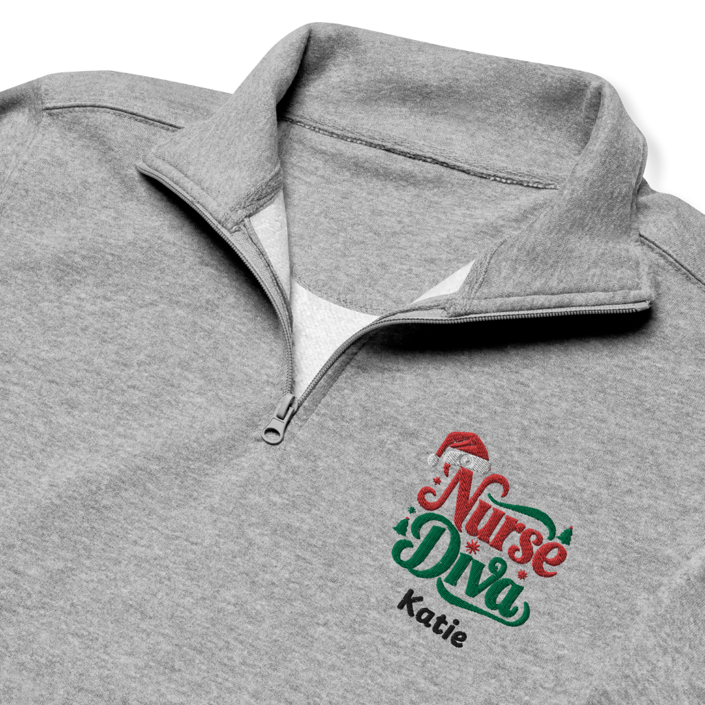 A grey Fleece pullover for nurses with "Nurse Diva"—a warm, personalized gift ideal for Christmas celebrations.