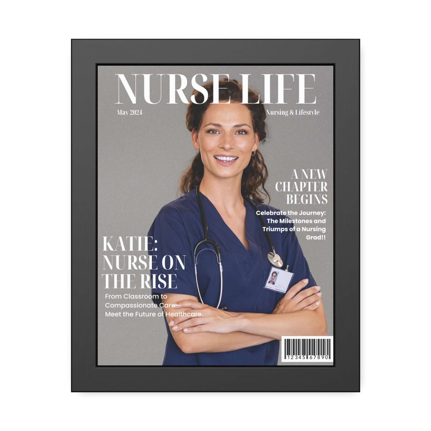 A magazine cover titled "Nurse Life," featuring a smiling female nurse in blue scrubs, with a stethoscope around her neck and arms crossed. It emphasizes articles on nursing milestones and compassion in healthcare. The Personalized Nurse Magazine Cover – Registered Nurse Graduation Gifts makes a unique and thoughtful gift for any healthcare hero.