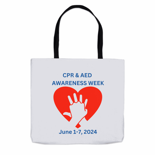 A white tote bag with black handles features a red heart with a white hand in the center. Text above the heart reads "CPR & AED Awareness Week," and below, "June 1-7, 2024." These CPR & AED Awareness Week Tote Bags are perfect for promoting cardiac safety during AED awareness events.