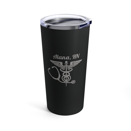 Introducing the Personalized 20oz Tumblers for Medical Professionals: a sleek black travel tumbler with a clear lid, featuring a custom design that reads "Alana, RN" along with a metallic silver caduceus symbol and stethoscope—perfect as an ideal gift for healthcare heroes. This custom tumbler offers stylish, personalized hydration for dedicated medical professionals.