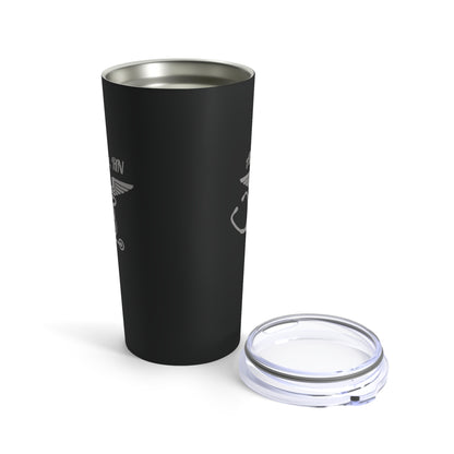 A black matte stainless steel 20oz tumbler featuring a winged logo and partially visible "Run" text stands upright. To its right, a clear, detachable plastic lid rests on a white surface. Ideal for personalized hydration or as a thoughtful gift for medical professionals.