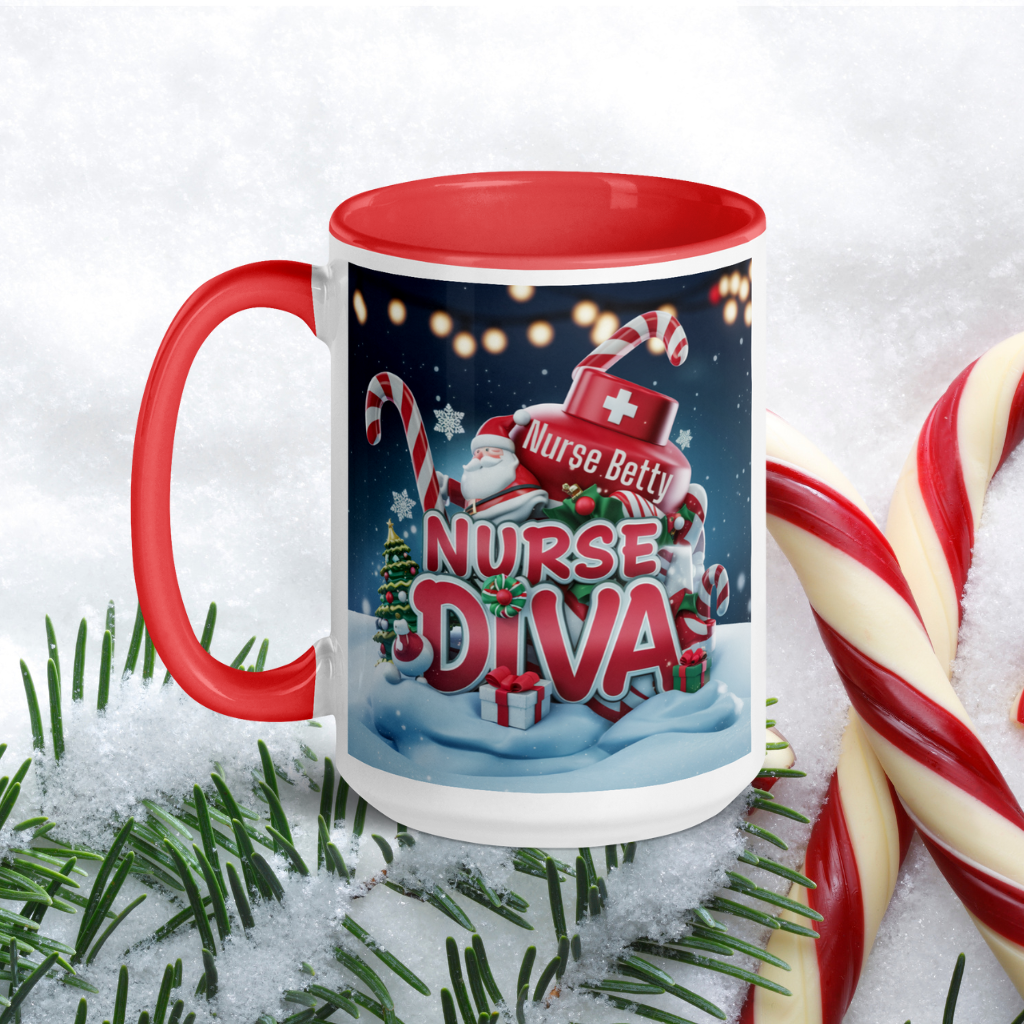 A vibrant nurse diva mug with a red handle and matching inside perfect for Christmas celebrations and personalized gifts for nurses.