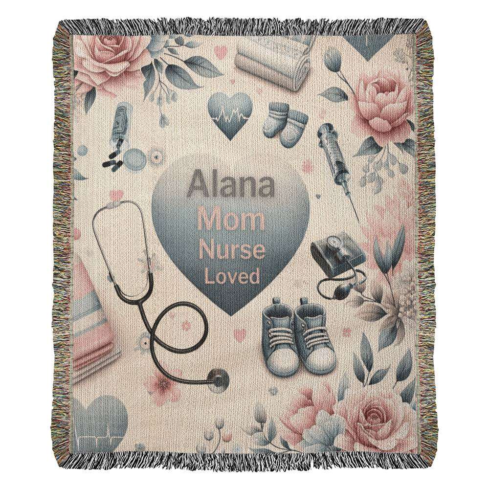 A personalized nurse mom gift, the Personalized Nurse Mom Woven Blanket - Custom Gift for Moms Who Are Nurses features a heart in the center, surrounded by flowers, baby shoes, medical items, and a stethoscope. The heart contains the text "Alana, Mom, Nurse, Loved." The background showcases a floral pattern in soft pink and blue hues.