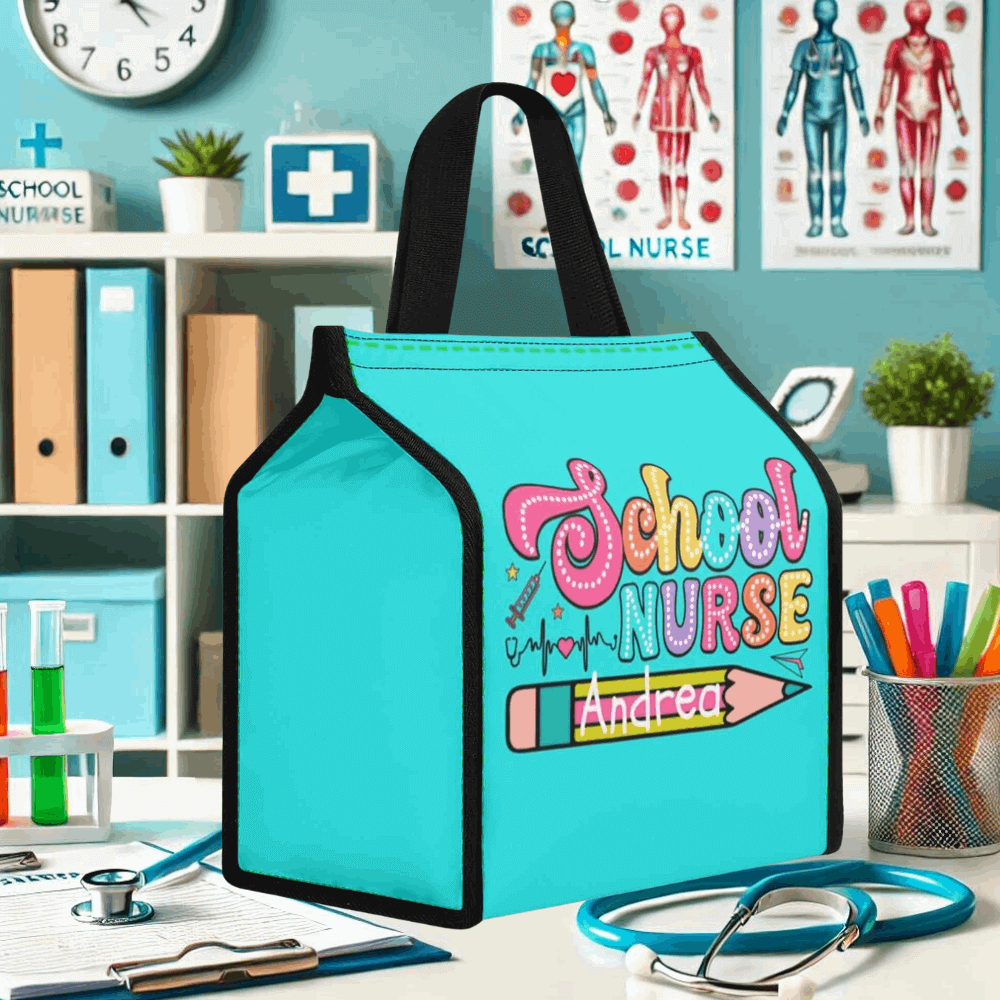 A turquoise Personalized Waterproof Lunch Bag for School Nurses, adorned with the vibrant text "School Nurse Andrea," rests on a desk. The background, featuring medical tools, books, a potted plant, and anatomical charts, indicates a school nurse's office and highlights the personalized lunch bag's unique appeal.