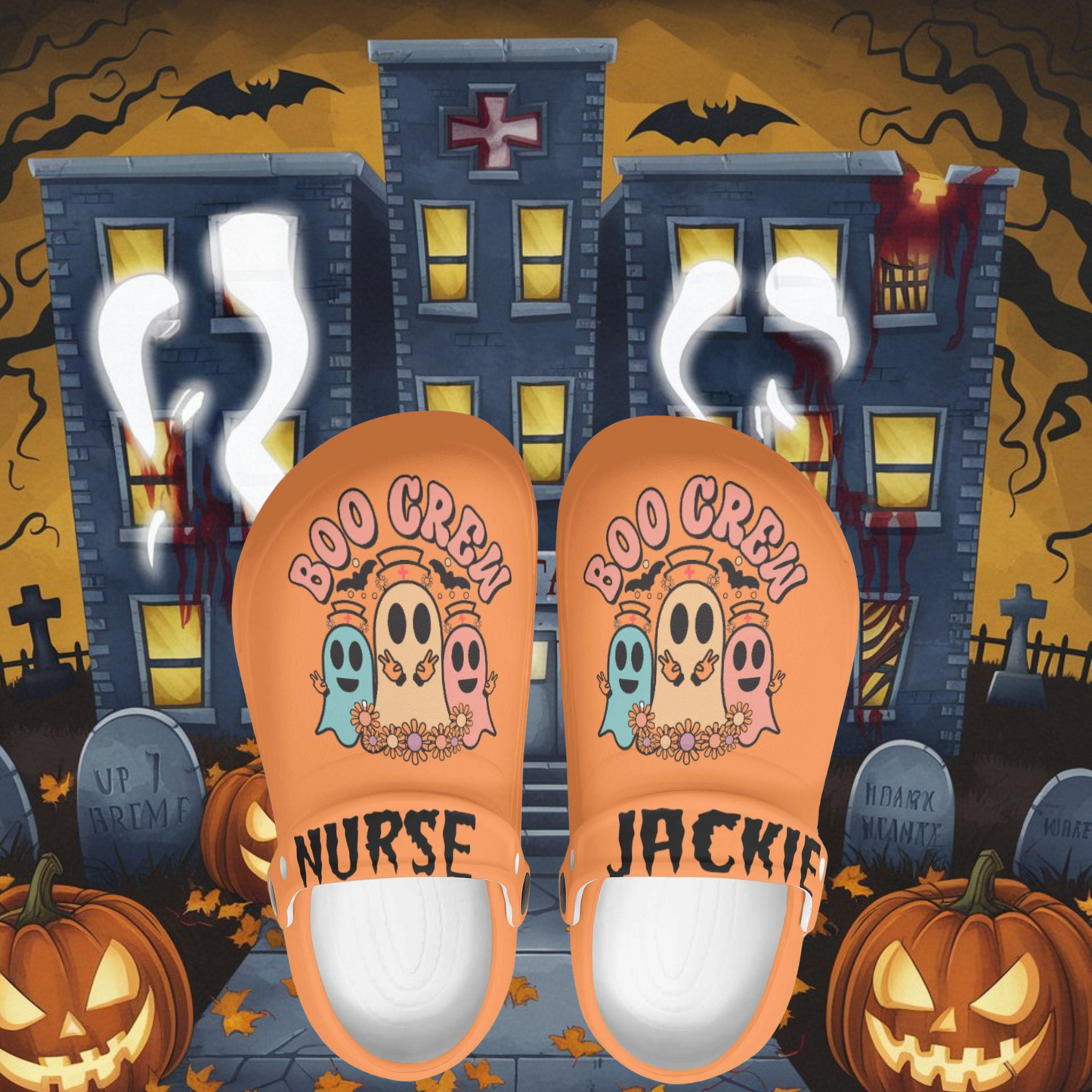 The Comfortable Personalized Halloween Nurse Clogs feature vibrant designs of ghosts and pumpkins set against a spooky background with a haunted hospital, bats, and gravestones. Designed for long shifts, these nurse clogs also display the text "BOO CREW" 