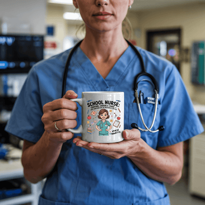Fun School Nurse Mug – “Crayons, Coughs & Chaos” – Personalized Nurse Gift