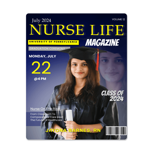 Nurse Life magazine cover wall art with nursing graduate in cap and gown, Class of 2024 gift.