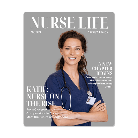A female nurse in navy scrubs stands confidently with arms crossed, smiling for the cover of a magazine titled "Nurse Life," featuring articles about nursing achievements.