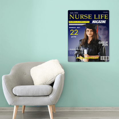 Graduation gift wall art – Nurse Life magazine cover with nursing grad in cap and gown.