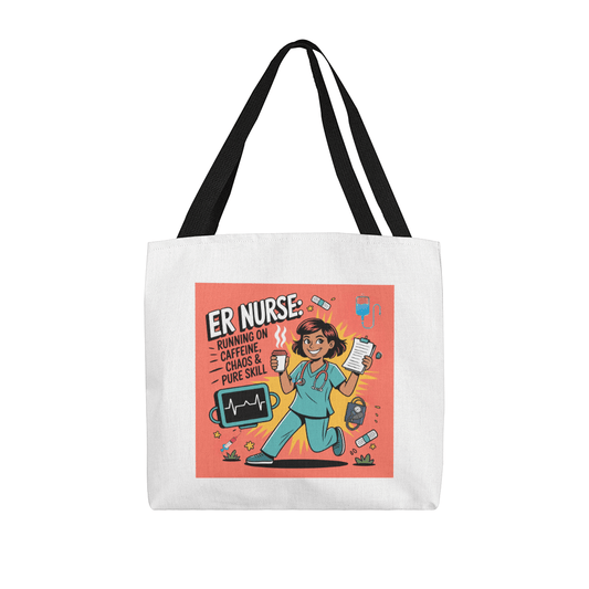 ER nurse energetically navigating a chaotic environment, fueled by caffeine and skillful expertise.
