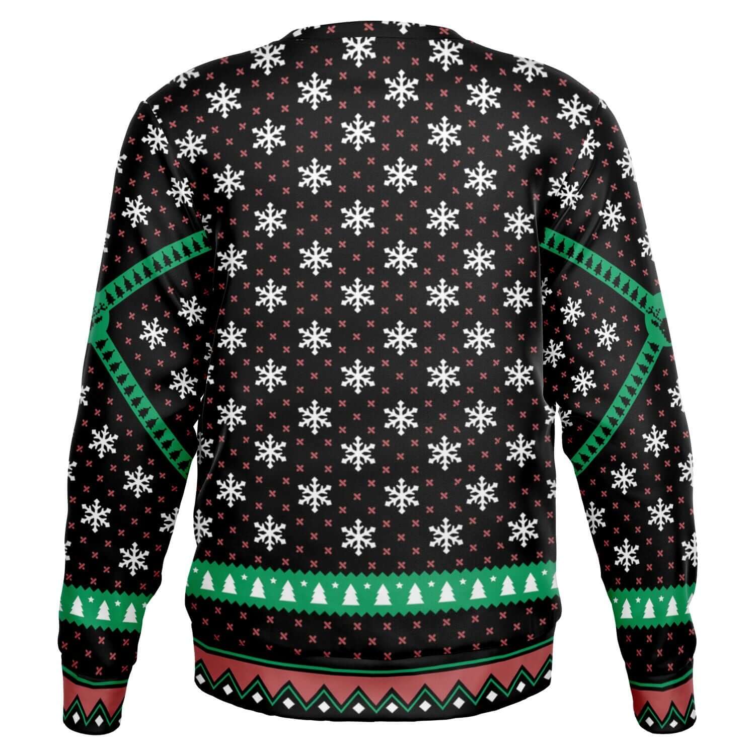 Back view of the Ugly Christmas Sweater for Nurses – "I'm Not Tachy! Ok, That's A-Fib" Holiday Sweater featuring a black background with white snowflakes and red accents. It has green and white decorative patterns on the sleeves and bottom, including Christmas trees and zigzag designs, embodying holiday cheer.