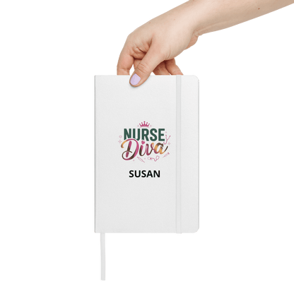 Personalized 'Nurse Diva' hardcover notebook with lined pages, featuring a custom name 'Susan' on a white cover, perfect for nurses and medical professionals.