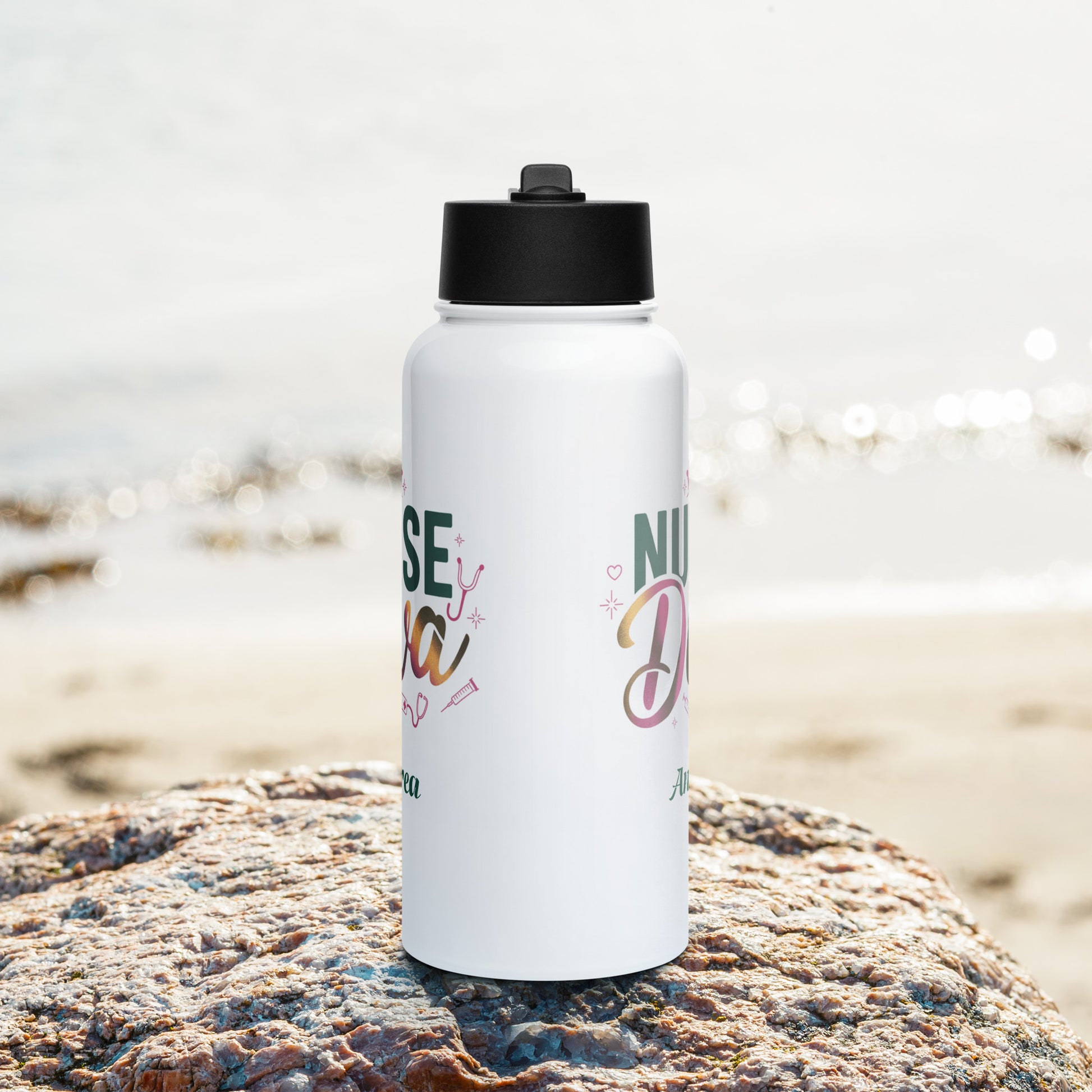 Personalized stainless steel water bottle for nurses with straw lid, stylishly labeled 'Nurse Diva'. Ideal for hydration on the go.