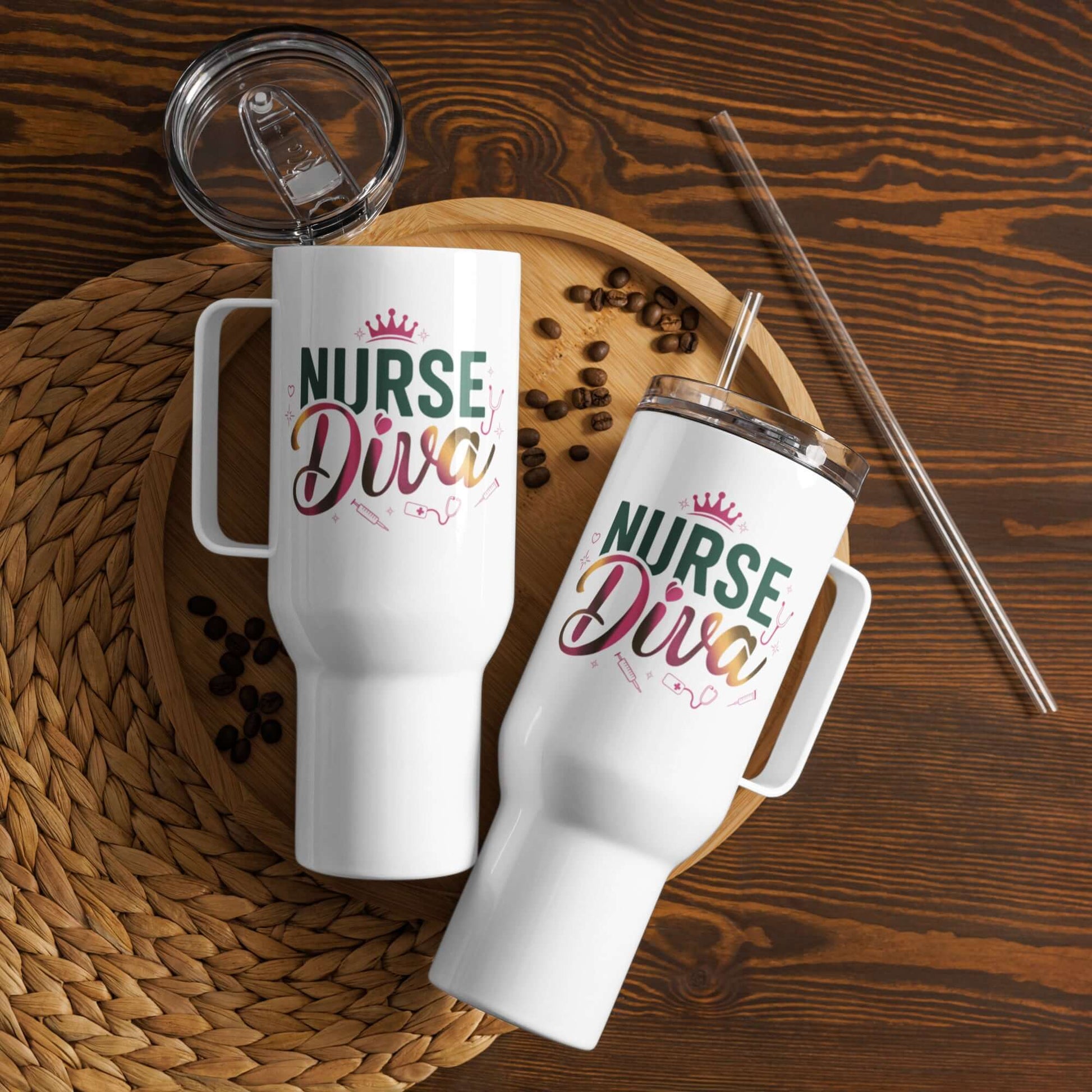 Nurse Diva travel mug with handle on table, perfect tumbler gift for nurses, stylish stainless steel coffee mug.