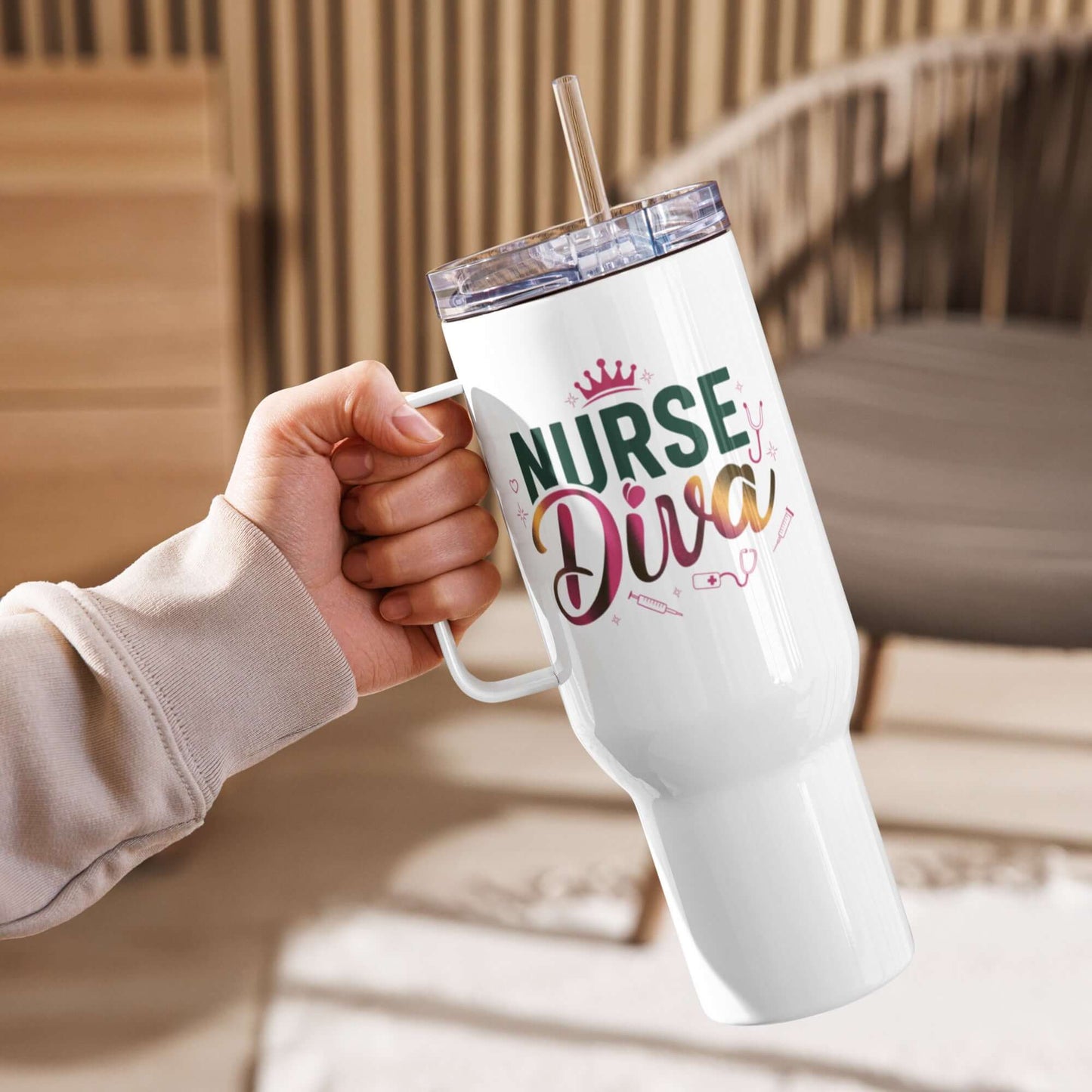 Nurse Diva travel mug with handle for nurses, stylish stainless steel tumbler ideal as a thoughtful gift.