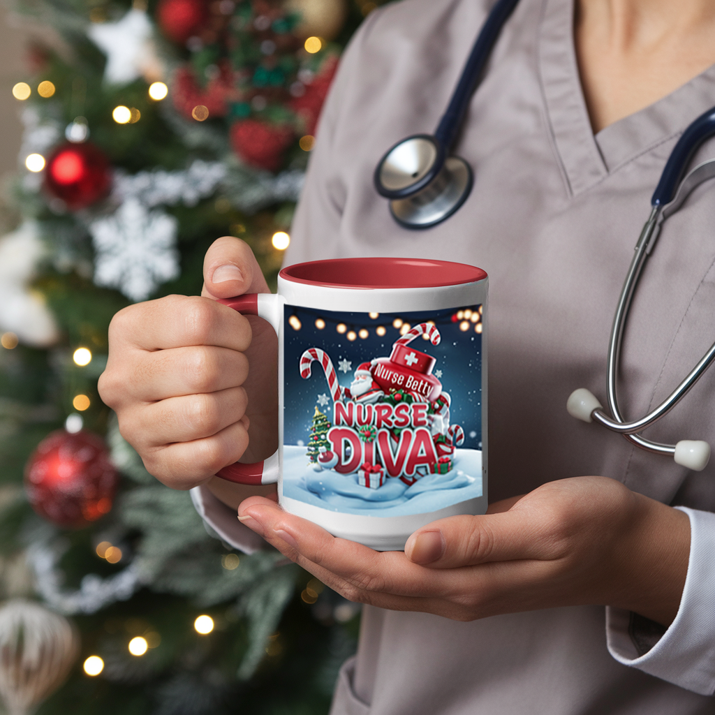 A nurse holding a vibrant nurse diva mug with a red handle and matching inside perfect for Christmas celebrations and personalized gifts for nurses.