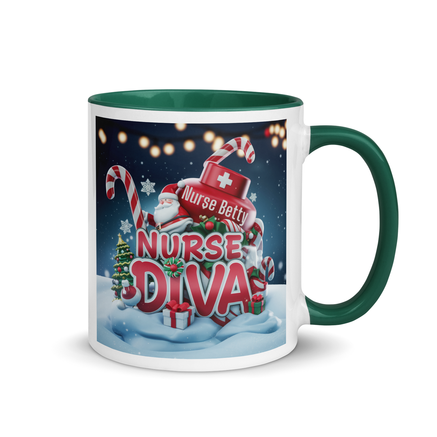 A vibrant "nurse diva" design mug, with green handle and matching inside, perfect for Christmas celebrations and personalized gifts for nurses.