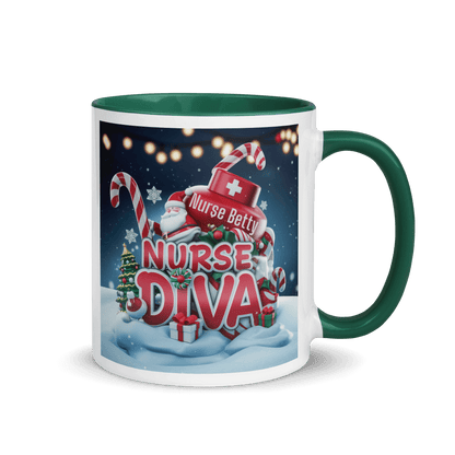 A vibrant "nurse diva" design mug, with green handle and matching inside, perfect for Christmas celebrations and personalized gifts for nurses.